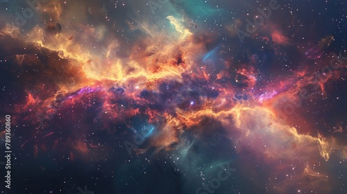 A vibrant cosmic cloud illuminated by the light of nearby stars, with colorful gases and dust creating a dazzling display of color and light.