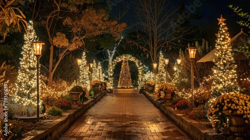 A whimsical holiday garden adorned with twinkling lights and festive decorations, with illuminated pathways winding past sparkling fountains and charming displays, creating a magical wonderland for ho