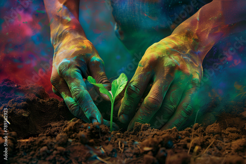 Man hoeing the soil, hands planting green seedling showcasing vibrant colors, tech style