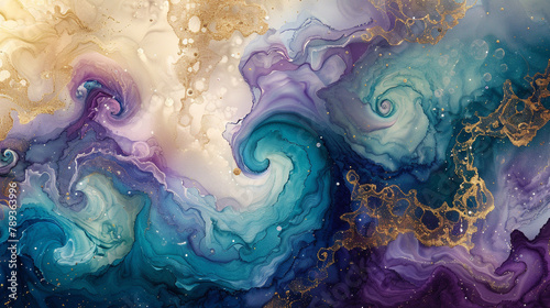 Mesmerizing watercolor swirls entwined with glittering amethyst, jade, and topaz accents in a harmonious union. 