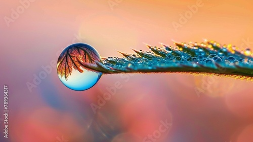 A close-up shot of a single raindrop clinging to the edge of a leaf, reflecting the surrounding landscape in its tiny sphere, capturing a moment of purity and clarity.