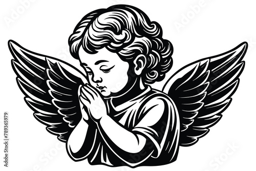 Baby angel praying line art vector illustration