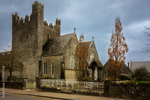 Holy Trinity Abbey Church in Adare, County Limerick, Ireland. Medieval Gothic Revival architecture. Roman Catholic parish church