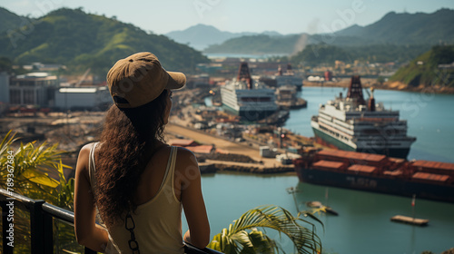 young woman enjoying a sightseeing visit on the panama canal