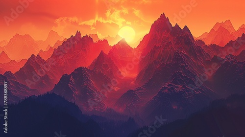 A dramatic panorama of a rugged mountain range at dusk, with jagged peaks silhouetted against the fiery hues of the setting sun.