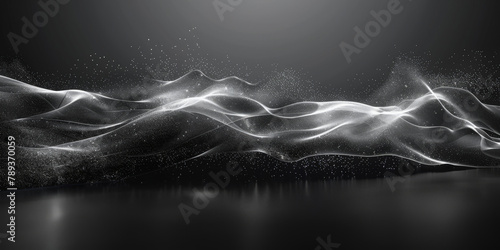 Abstract black background with glowing dynamic waves and floating particles suggesting motion and elegance. Digital art with a futuristic feel.