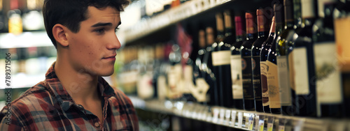 A young man explores a wine store, captivated by rows of exquisite bottles, immersed in the art of wine selection.