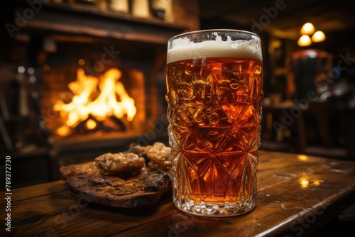 Pint of cold beer in an English pub with crackling fireplace., generative IA