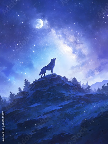 A Lone Wolf Howls at the Serene Moonlit Landscape with Distant Pack on the Hill