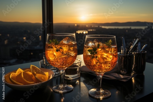 Gin tonic in a lance with panoramic windows and stunning views of the night city., generative IA