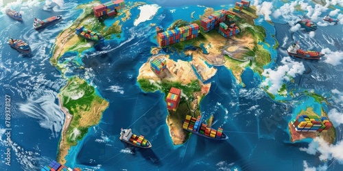 Create an image depicting the global trade network on planet earth. Showcase cargo ships, cargo vessels, and shipment 