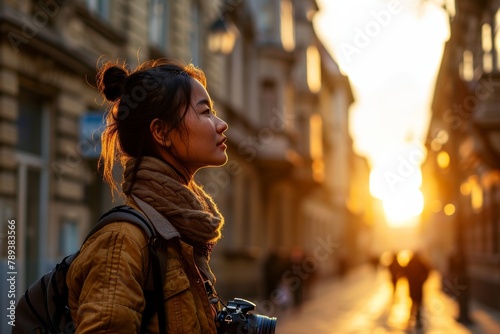 solo female traveller vloger influencer walk sightseeing europe city travel hand hold camera happiness joyful enjoy travel in old town sunset moment