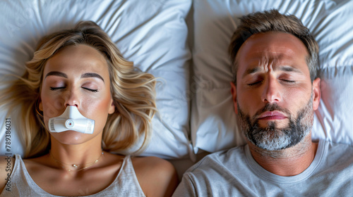 Front scene of a couple sleeping, woman is wearing an anti snoring device