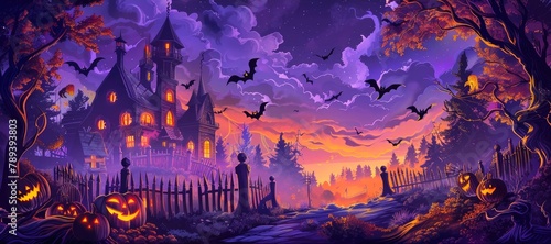 Halloween night background with a haunted house, pumpkins and bats in the sky