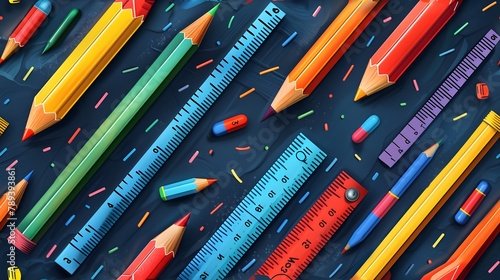 Mini Colorful Pencils and Rulers Arranged Neatly on a Blue Background, Hand Edited Generative AI