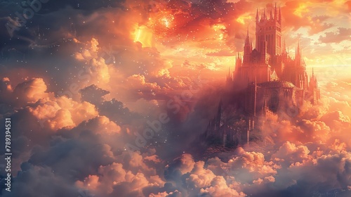 A dark and mysterious castle floats among the clouds, its gothic spires reaching up to the sky in a hauntingly beautiful display of architectural wonder.