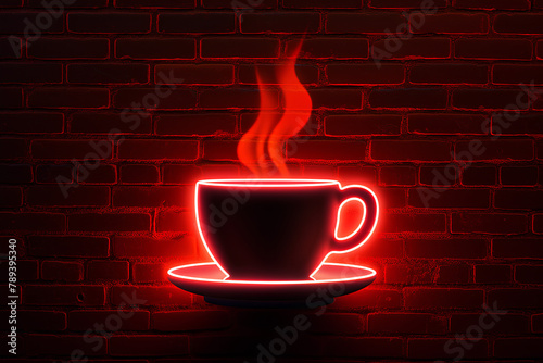 Neon glowing icon of hot coffee cup on a red brick wall background. Poster