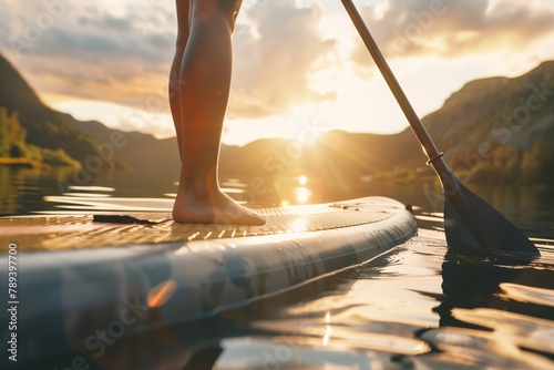 Close up of a woman's legs standing on a paddleboard with a blue oar in lake at sunrise, the warm sunlight over the calm water and creating a serene atmosphere with mountains visible in the background