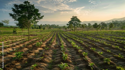 A landscape transformed by rows of newly planted trees, illustrating the positive impact of afforestation on land rehabilitation and biodiversity.