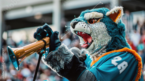 A photograph of a sports team mascot using a horn to rally fans and generate excitement at a game or event 