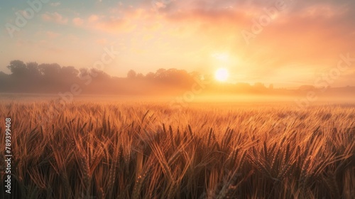 A picturesque sunrise over a fog-covered wheat field, evoking a sense of tranquility and the promise of a new day in rural life.