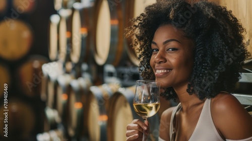 Wine tasting woman drinking chardonnay or sauvignon blanc in winery cellar among vineyard barrels. Elegant oenologist or sommelier sipping a fancy drink indoors.