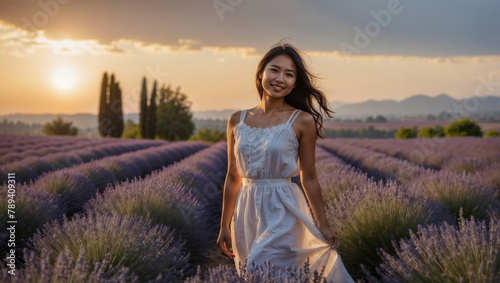 Bellissima ragazza di origini asiatiche felice in un campo di lavanda della Francia meridionale al tramonto durante una vacanza vestita con un abito di lino bianco