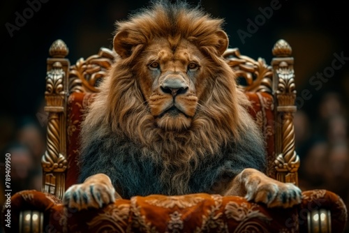 Majestic image of a powerful lion seated on an ornate golden throne, exuding strength and royalty in an opulent setting