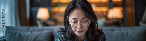 The middle-aged Asian woman is experiencing difficulty with her vision and is struggling to focus on the text displayed on her smartphone screen due to presbyopia and hyperopia.