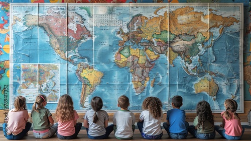 Young students in a geography class with a giant, vivid world map mural as a backdrop