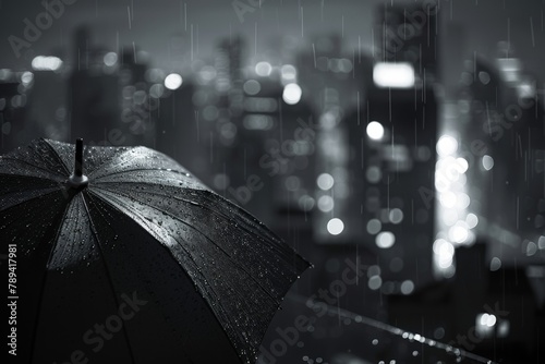 A black and white photo of a lone umbrella against a dark cityscape skyline, with rain blurring the streetlights and buildings.