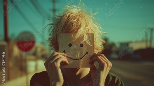 Blond guy covers with piece of paper with smiling face, hide emotions. Concept social hypocrisy duplicity. Fake dissimulation life. Double game man change grimaces. Facial puppetry. Insincerity people