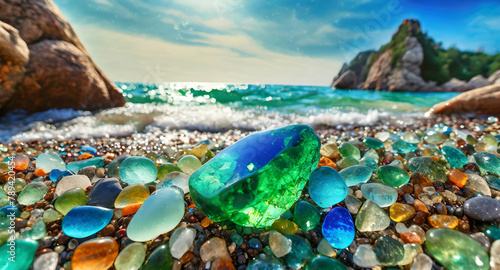 beach with water . Colorful gemstones on a beach. Polish textured sea glass and stones on the seashore. Green,