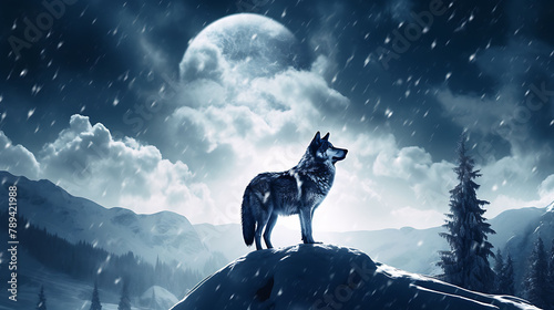 A lone wolf silhouetted against the backdrop of a full moon in a snowy landscape.