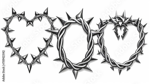 Set of twisted steel barbwire frames with sharp thorns, isolated on white background. Borders of metal chain with sharp thorns.