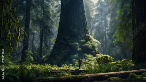 A majestic redwood tree standing tall in the heart of an ancient forest.