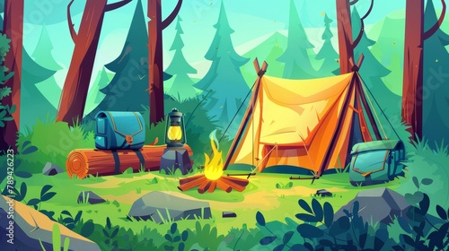 Camp in the woods with bonfire, tent, backpack, lantern, and a bowler on fire. Modern Cartoon Landscape with camp site, trees, logs, and bowler on fire. Equipment for traveling, hiking, and activity