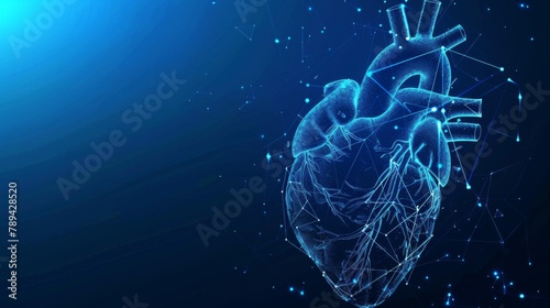 Anatomy of the human heart formed as line triangles connected by a blue background. Futuristic glowing organ hologram in translucent white with a copy space for text. Medical anatomical concept.