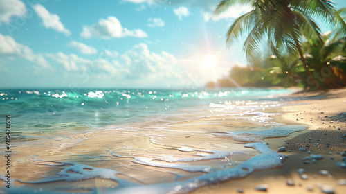 Landscape of a paradisiacal and tropical beach. Travel, summer and vacation concept. Wallpaper or background.