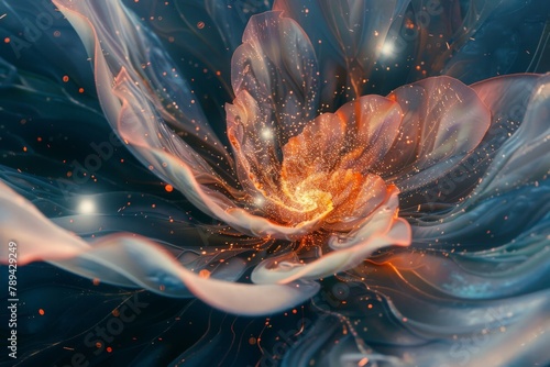 A photorealistic close-up of a flower with translucent petals, revealing a miniature galaxy swirling within its center.