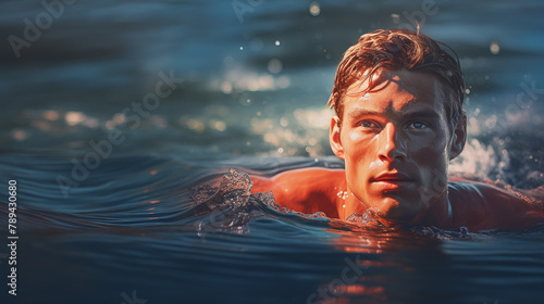 A swimmer in mid-stroke, head turned for a breath, with the determination visible on their face and the water glistening around them.