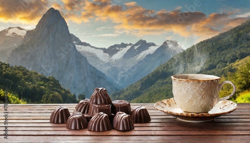 breakfast with chocolate and coffee on a wooden table in the mountains