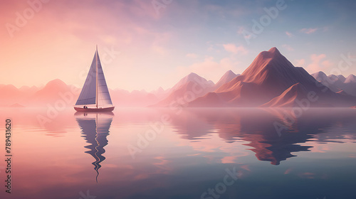 A solitary sailboat gliding peacefully across the glassy surface of a lake.
