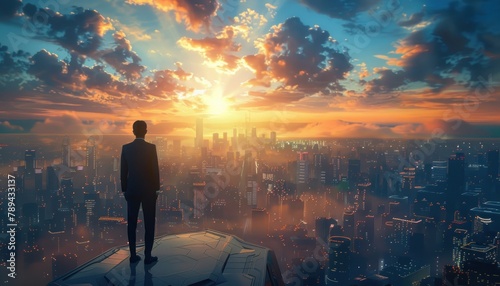 A businessman standing on a rooftop overlooking a futuristic city.