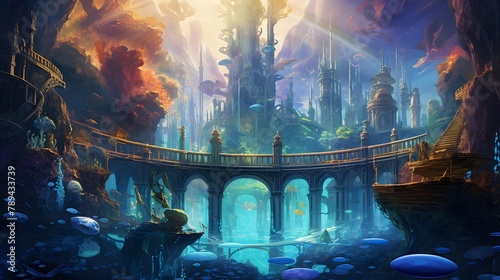 Fantasy fantasy landscape with a bridge over the sea and an underwater world