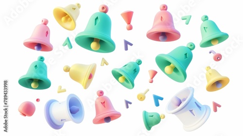 Icons for notice, alarm or attention messages with colored bells and exclamation points. Isolated on white background, 3D illustration of handbells.
