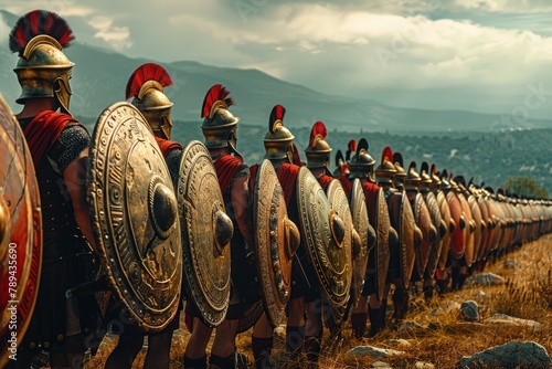 An army of ancient Greek hoplites, armed with spears and shields, marches towards the enemy.