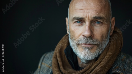 Successfull well-dressed mature bald businessman posing for camera wearing stylish mustard color velvet coat and scarf