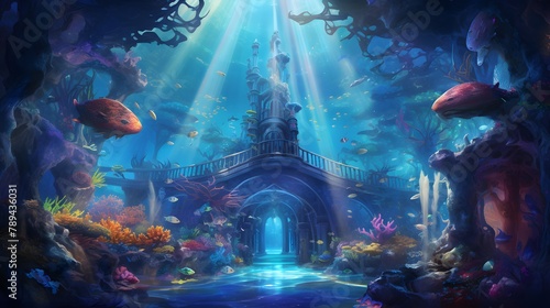 Underwater scene with fish and plants. Underwater world. 3d rendering