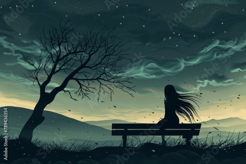 There is a tree without leaves behind her back, a dark sky, and hills in the distance as the girl in the black dress sits on a bench and looks out to the horizon.